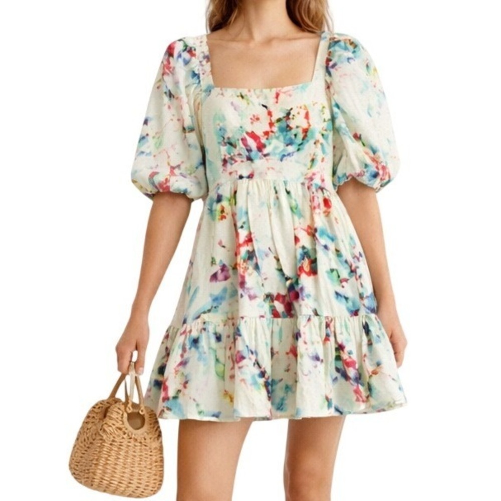 WILLA STORY Milkmaid Floral Mini‎ Dress White Medium Cotton Linen Puff Sleeves